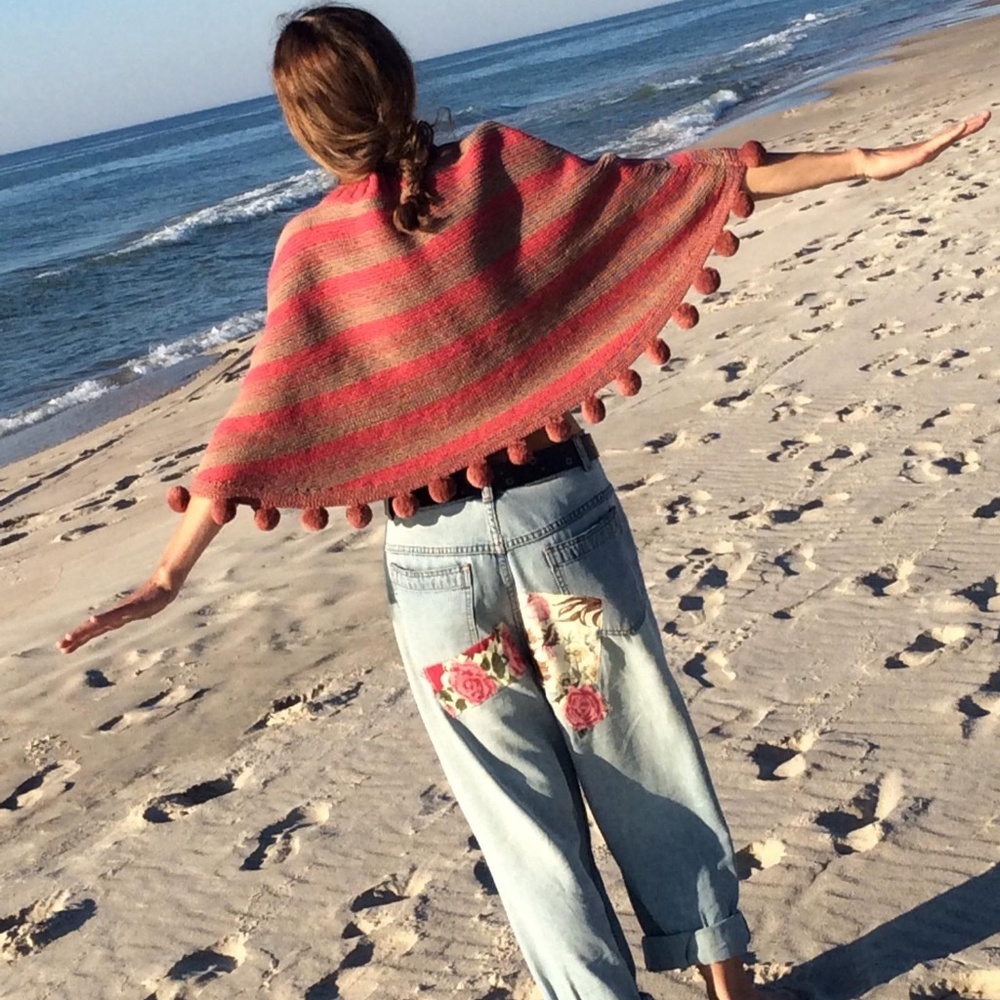 LELE Pom Pom Poncho Cape-Hand Knit